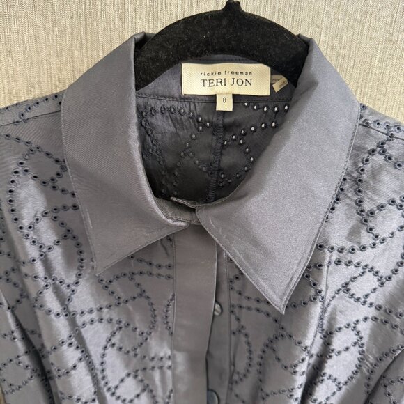 Teri Jon by Rickie Freeman Navy Embroidered Shirt Dress with Belt (Size 8) - Picture 3 of 5